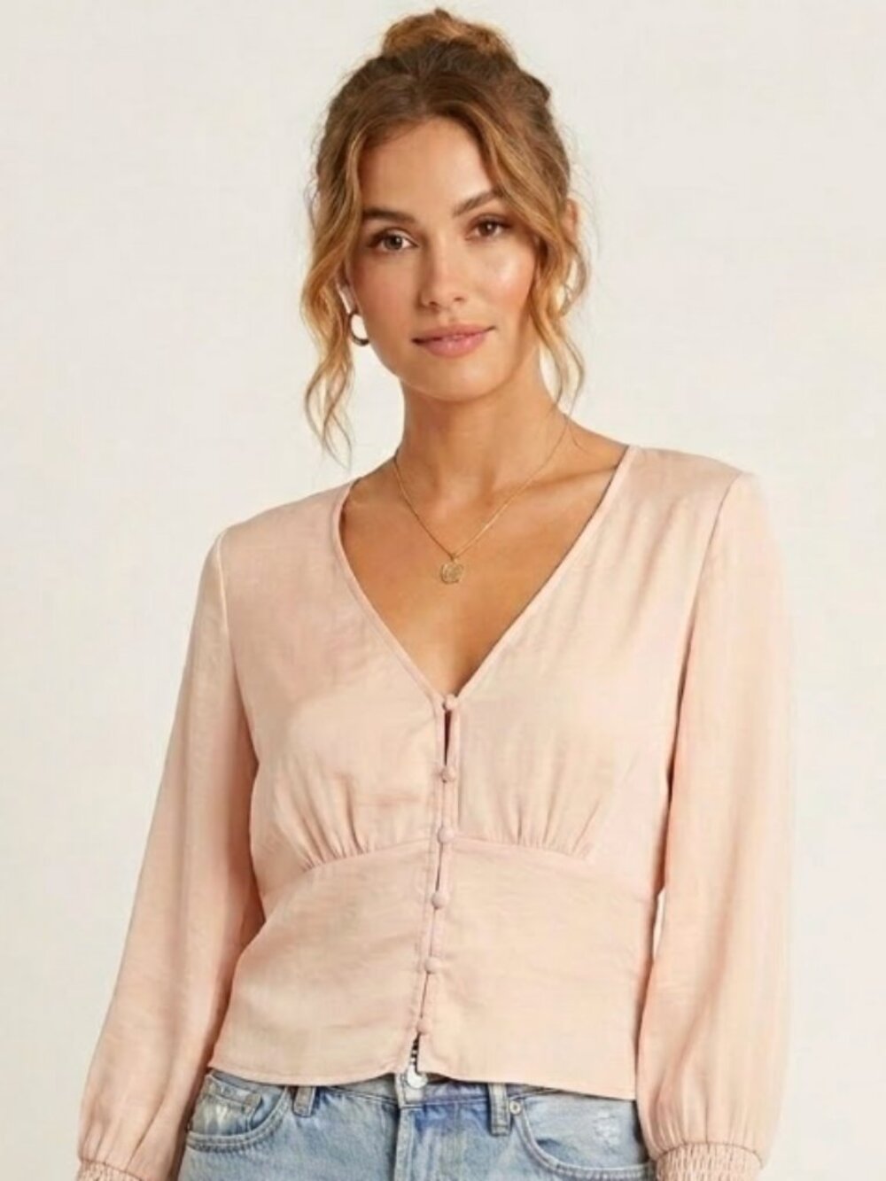 American Eagle | Corset Style Satin Blouse w/ Cinched Cuff Bow Sleeves | Medium